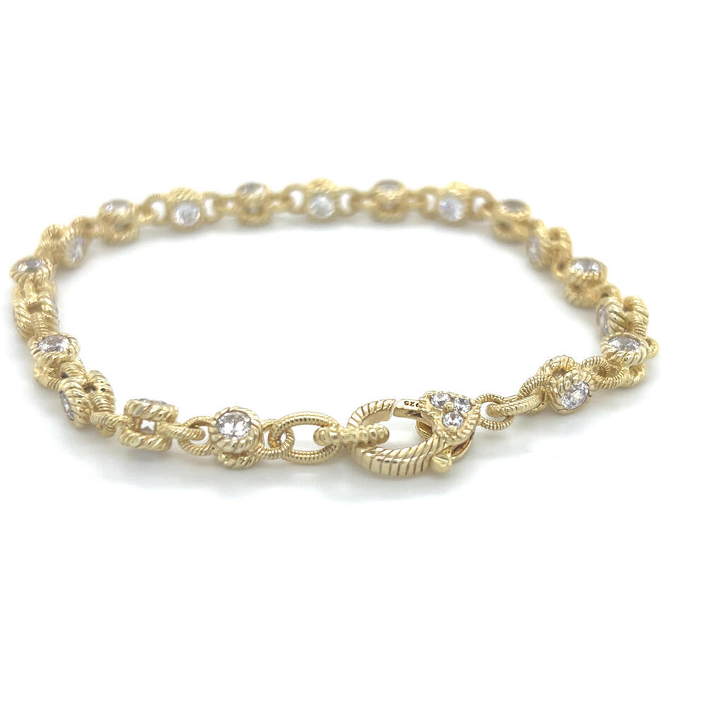 Judith Ripka Sterling SIlver Gold Tone Link CZ Bracelet with Heart Clasp